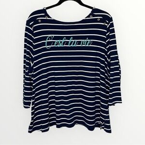 KIM ROGERS C'est La Vie Striped 3/4-Sleeve Cotton Top, 2X